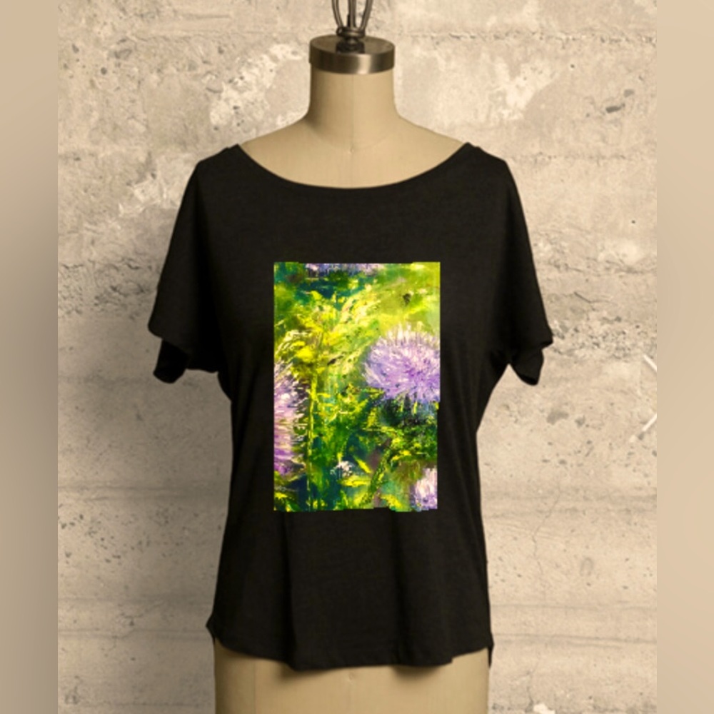 Boatneck Boyfriend Tee with artwork by artist Bobbi K. (Purple Thistle)